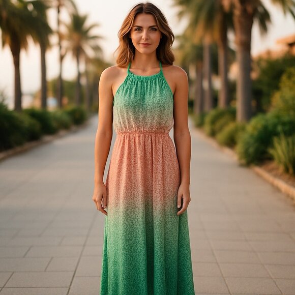 Old Navy Dress Maxi Floral Colorblock Ombre Halter Sleeveless - Picture 1 of 14
